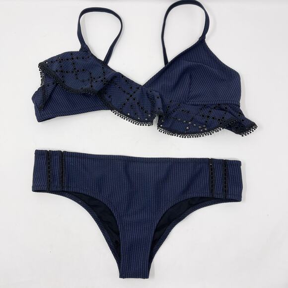 Jonathan Simkhai Striped Ruffle Bikini Set Navy Black Medium Top Small Bottom - Picture 1 of 12